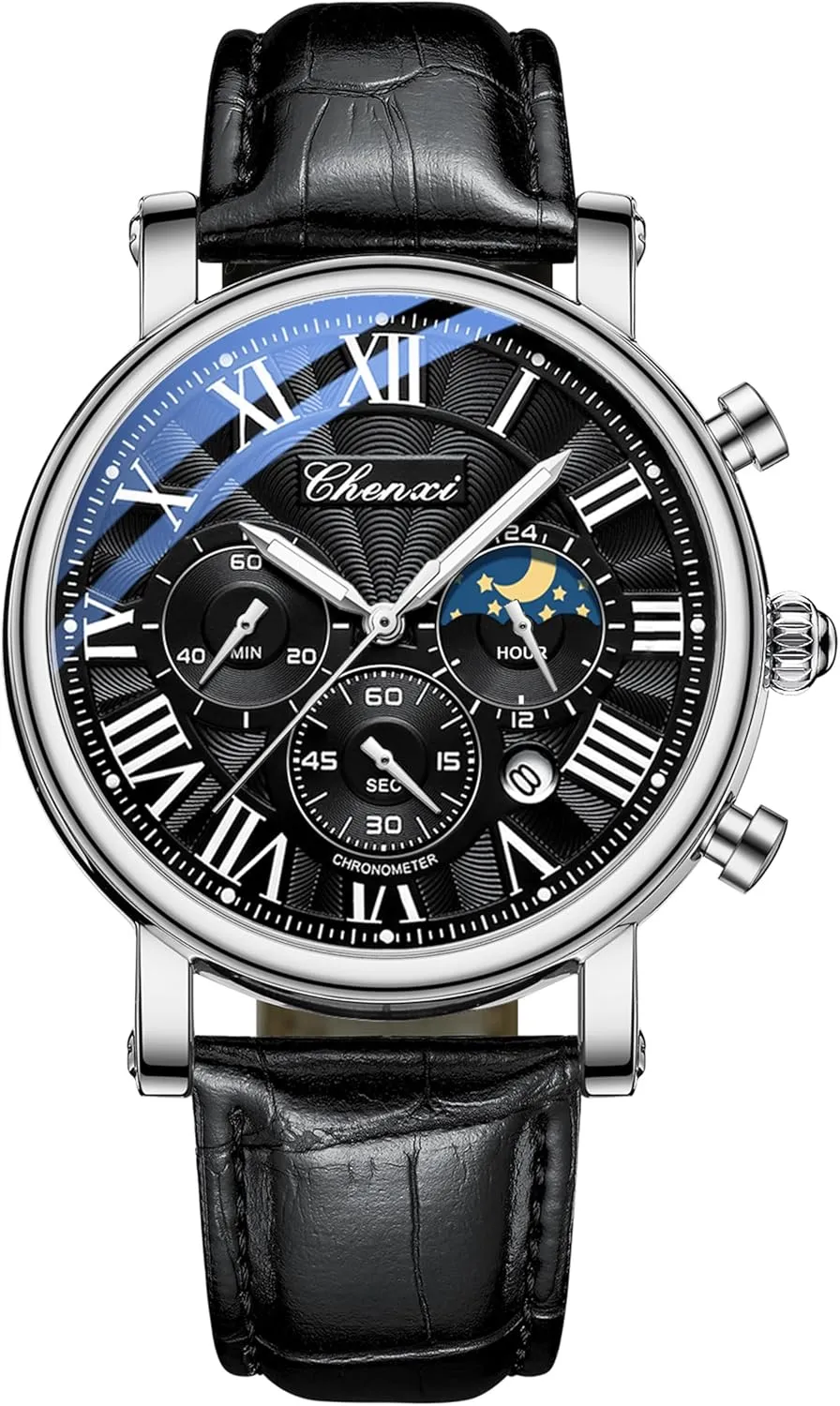Military Sports Analog Watch Business Dress Waterproof Luminous Chronograph Starry Sky Moon Phase Leather Wristwatch FANMIS Men's Classic ploy recognition commuter Multifunctional 