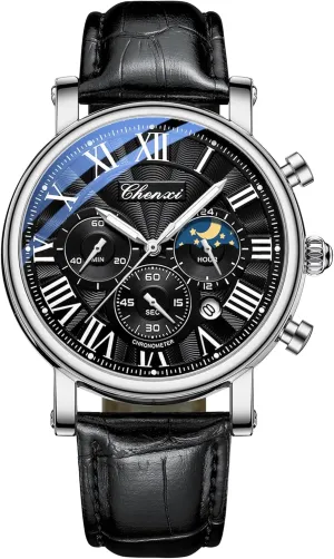 Military Sports Analog Watch Business Dress Waterproof Luminous Chronograph Starry Sky Moon Phase Leather Wristwatch FANMIS Men's Classic ploy recognition commuter Multifunctional 