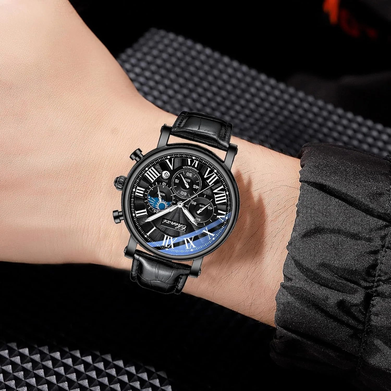 Military Sports Analog Watch Business Dress Waterproof Luminous Chronograph Starry Sky Moon Phase Leather Wristwatch FANMIS Men's Classic ploy recognition commuter Multifunctional 