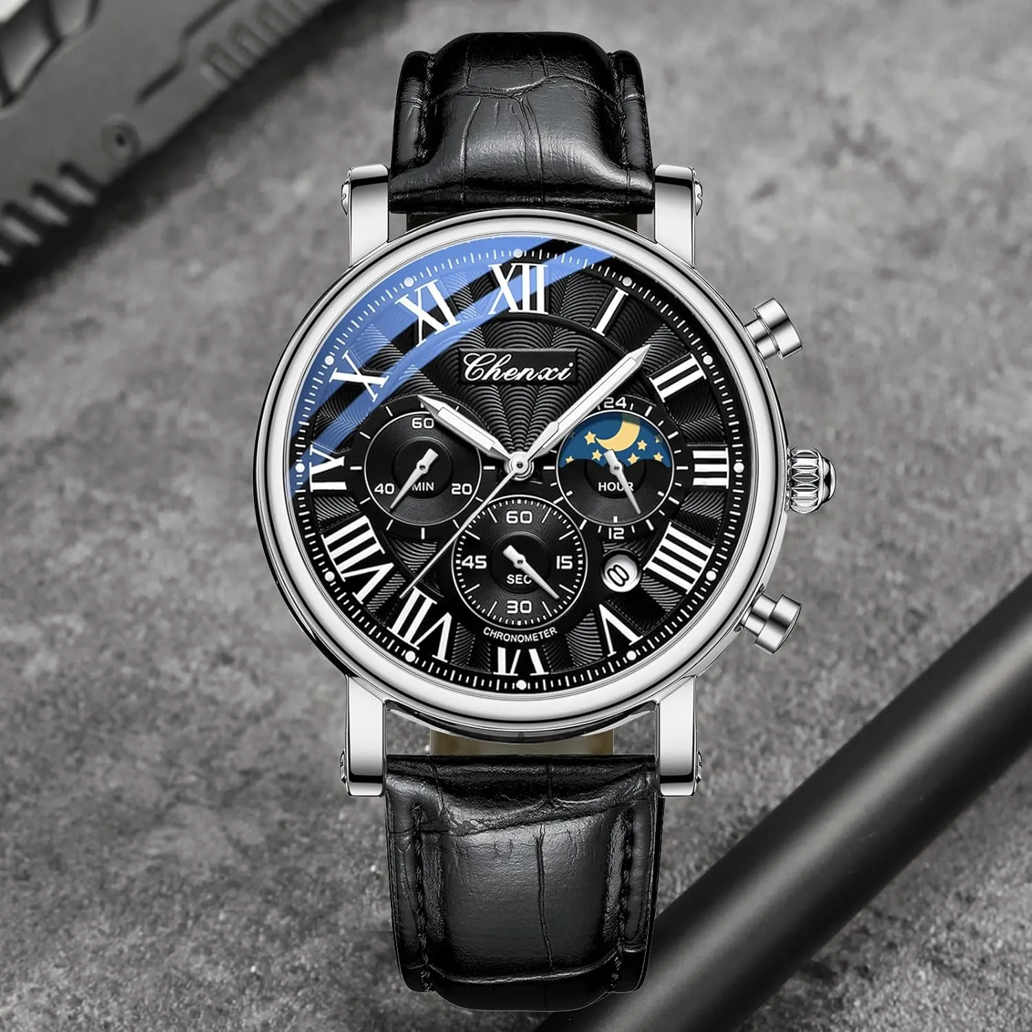 Military Sports Analog Watch Business Dress Waterproof Luminous Chronograph Starry Sky Moon Phase Leather Wristwatch FANMIS Men's Classic ploy recognition commuter Multifunctional 