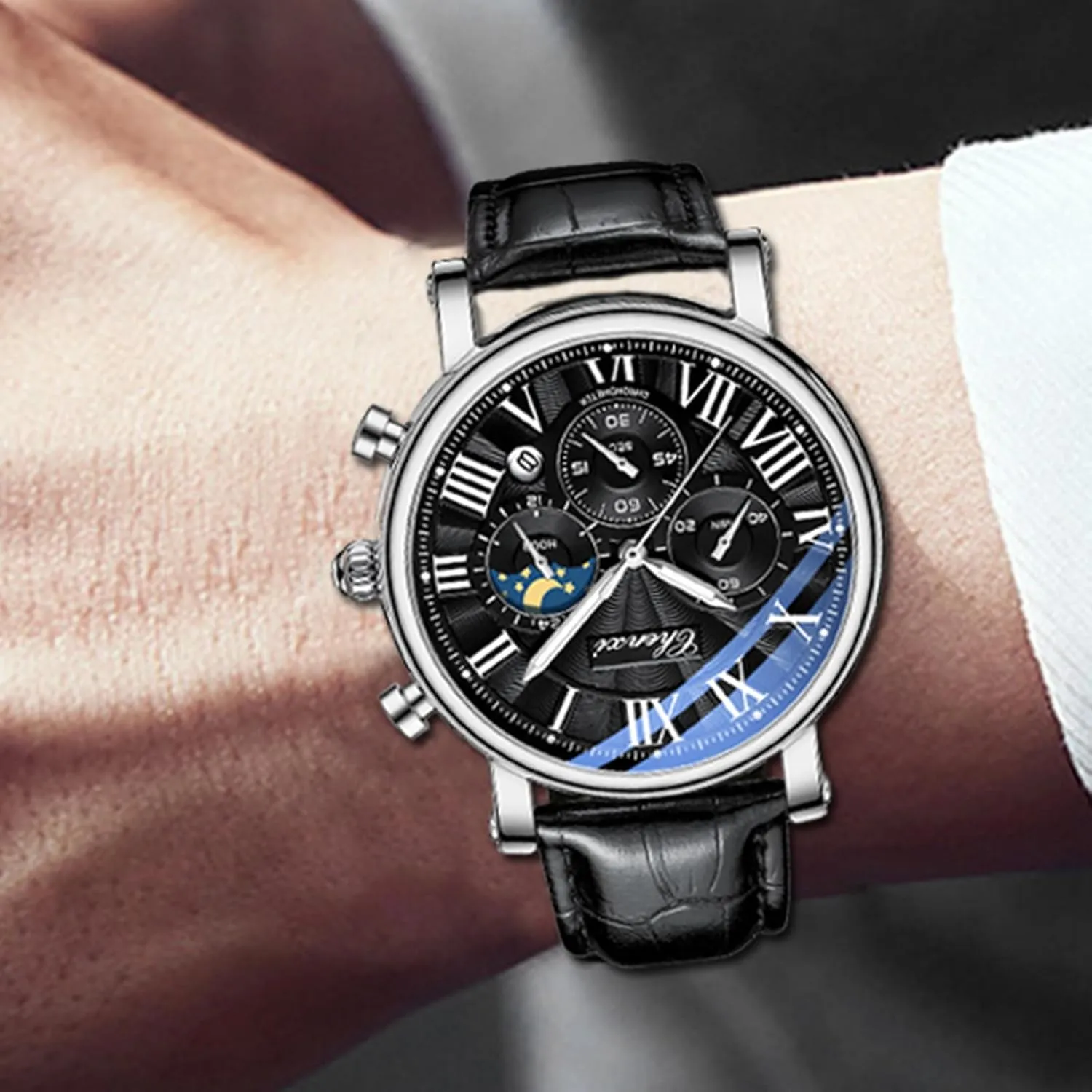 Military Sports Analog Watch Business Dress Waterproof Luminous Chronograph Starry Sky Moon Phase Leather Wristwatch FANMIS Men's Classic ploy recognition commuter Multifunctional 