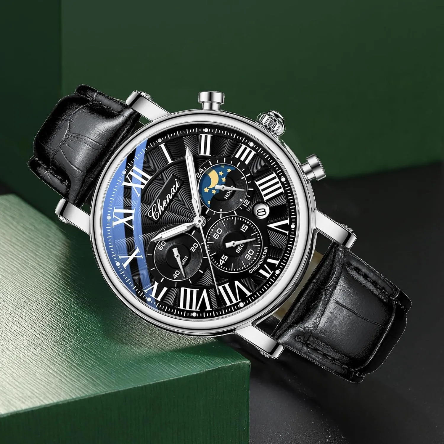 Military Sports Analog Watch Business Dress Waterproof Luminous Chronograph Starry Sky Moon Phase Leather Wristwatch FANMIS Men's Classic ploy recognition commuter Multifunctional 