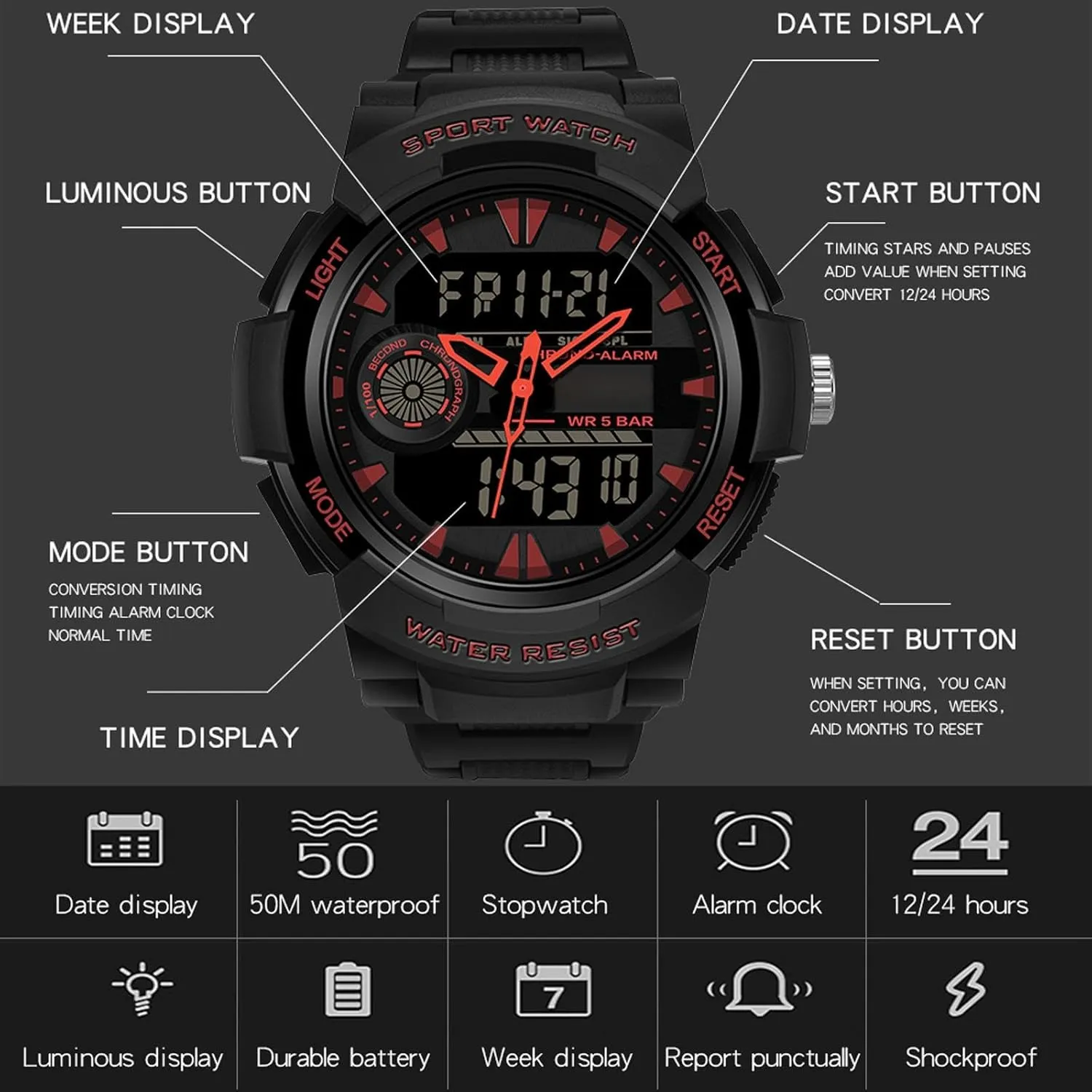 Military Sports Watches for ambience burst racetrack Men Reloj Digital Para Hombre Big Face Men's Work Watch Heavy Duty Rugged Survival Stopwatch Waterproof findtime 