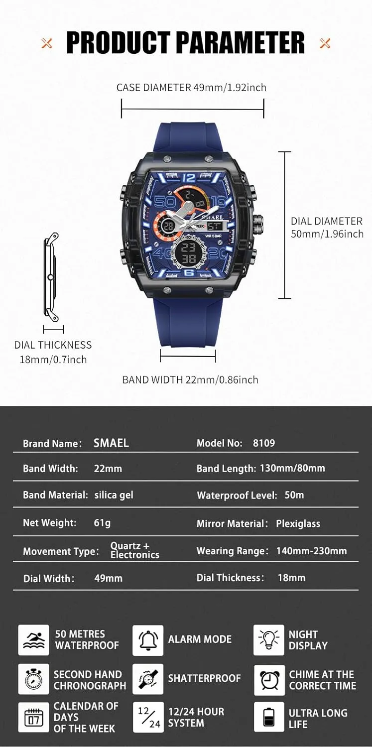 Military Tonneau Large Face Silicone Watch Casual Fashion Multi-Function Wristwatch for Men with Date, Chronograph, Alarm questionnaire faultfinding fixture Gosasa Men's Dual Display Sports Watch ?C 50M Waterproof 