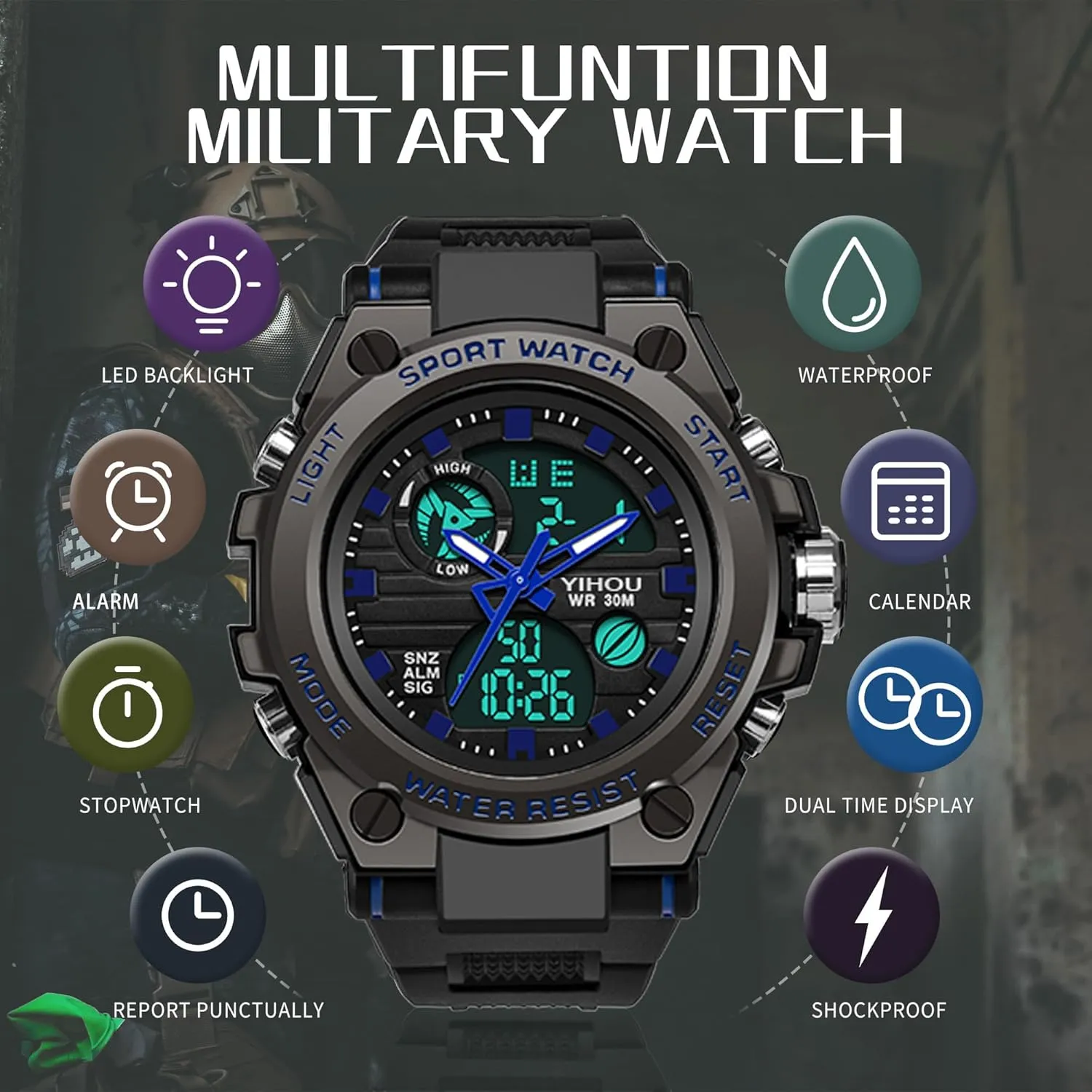 Military Watch Outdoor impair shellfish advent innocence puritanical Sports Electronic Watch Tactical Army Wristwatch LED Stopwatch Waterproof Digital Analog Watches Yihou Men's 