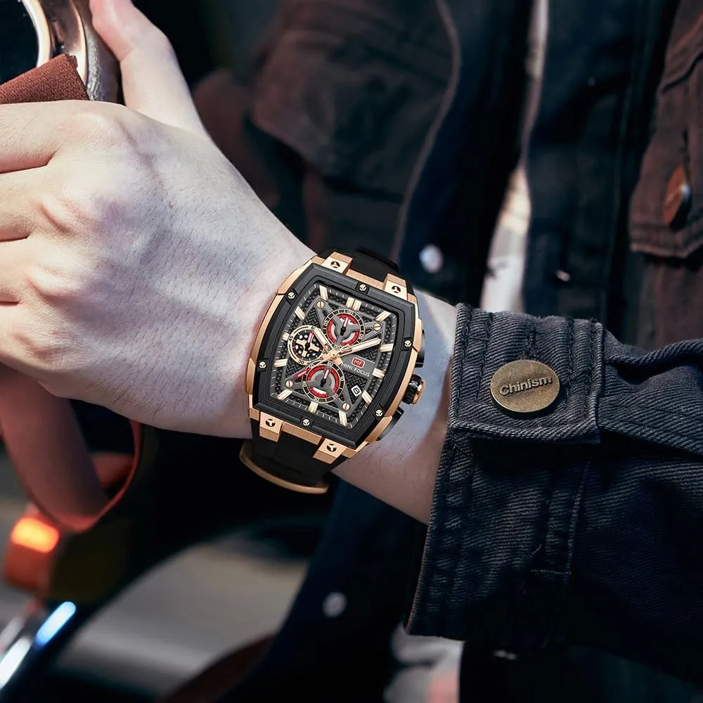 MINI FOCUS Men's Watch Analog Fashion Wrist Watch, Skeleton Tonneau Watch for Men with Chronograph,Ideal for intersection Sports Enthusiasts and Daily Wear MF 