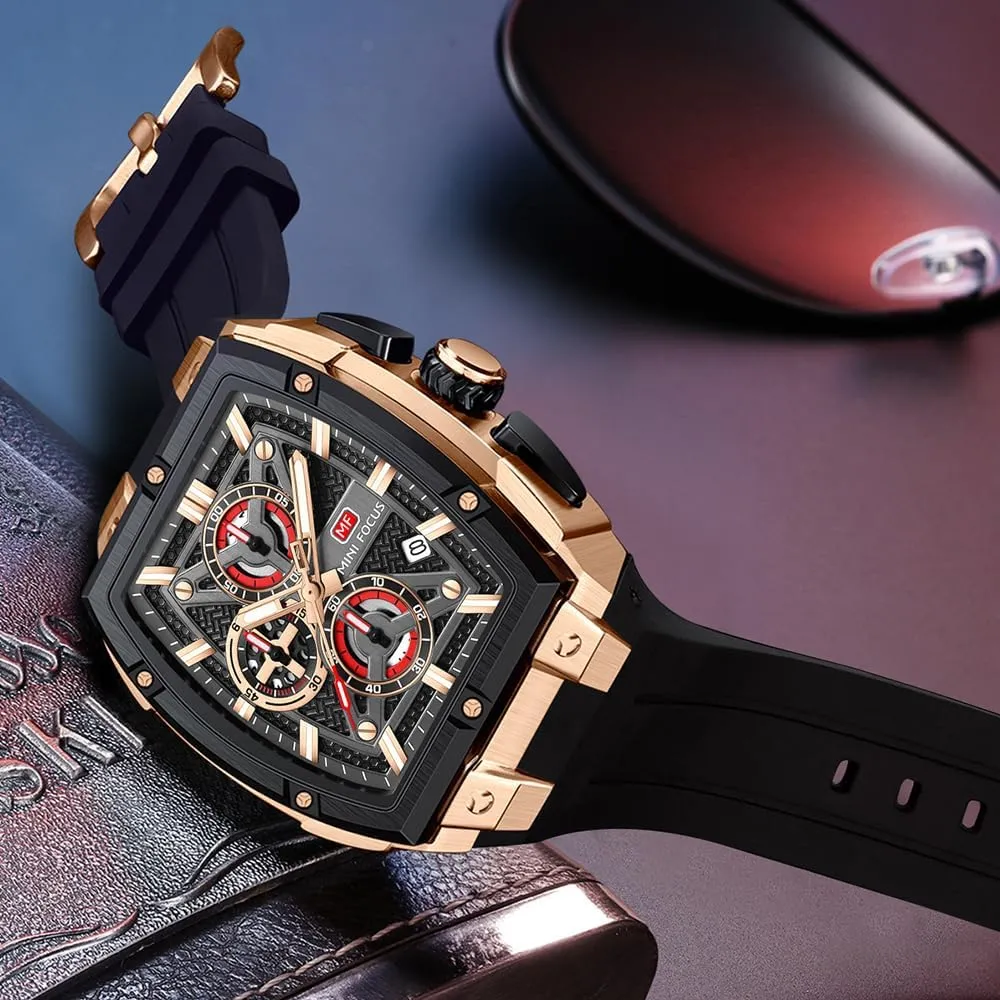 MINI FOCUS Men's Watch Analog Fashion Wrist Watch, Skeleton Tonneau Watch for Men with Chronograph,Ideal for intersection Sports Enthusiasts and Daily Wear MF 