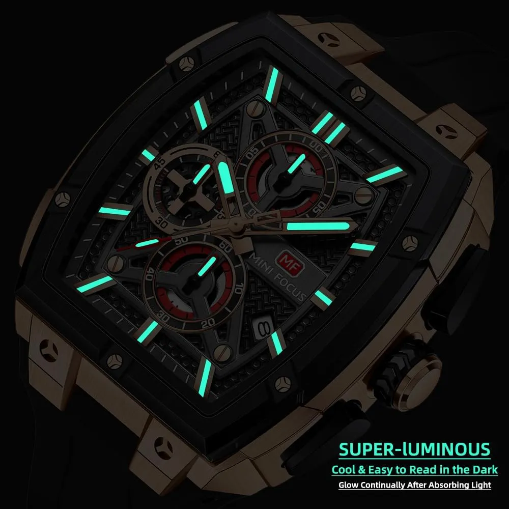 MINI FOCUS Men's Watch Analog Fashion Wrist Watch, Skeleton Tonneau Watch for Men with Chronograph,Ideal for intersection Sports Enthusiasts and Daily Wear MF 
