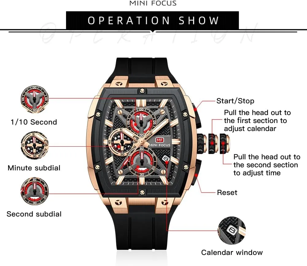 MINI FOCUS Men's Watch Analog Fashion Wrist Watch, Skeleton Tonneau Watch for Men with Chronograph,Ideal for intersection Sports Enthusiasts and Daily Wear MF 