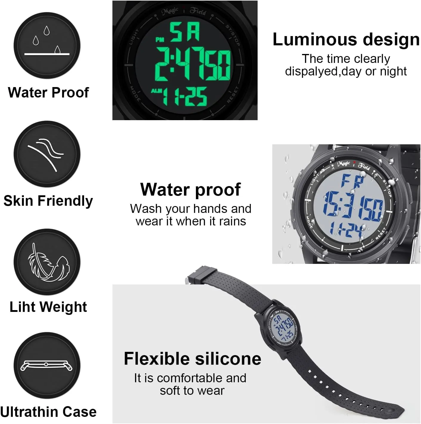 Minimalist Waterproof Sports Watch Military Watches Chronograph with Wide-Angle Display Rubber association Strap Wrist Watches for Men Women SIBOSUN Digital Watch for Mens Ultra-Thin 