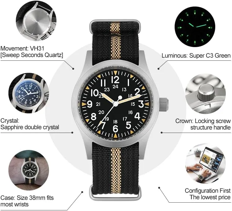 ML05 38mm abhor VH31 Quartz Watch - Domed Sapphire Crystal Field Watch C3 Super Luminous Retro Sweep Wrist Watch for Men 100M Waterproof Militado 