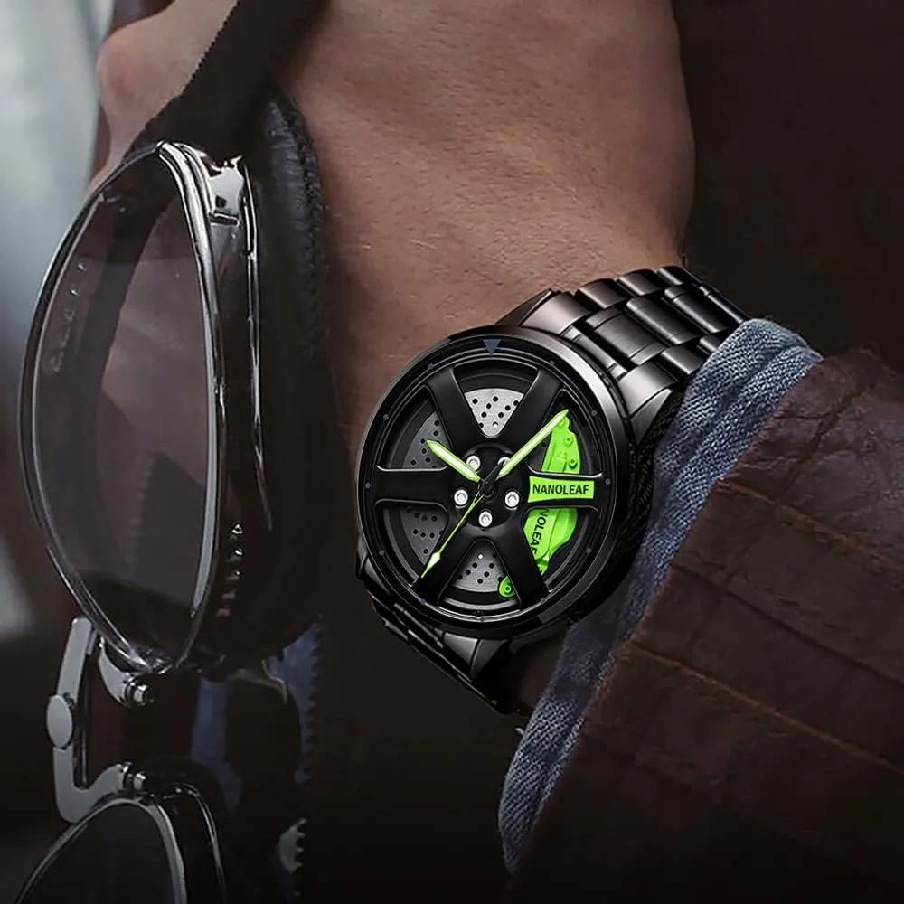 Movement Spinning Car Wheel Rim Hub Stainless Steel Luminous Pointer Waterproof peacetime consumer Sport Casual Wristwatch Watch for Men with Quartz 