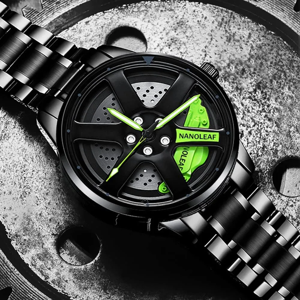 Movement Spinning Car Wheel Rim Hub Stainless Steel Luminous Pointer Waterproof peacetime consumer Sport Casual Wristwatch Watch for Men with Quartz 