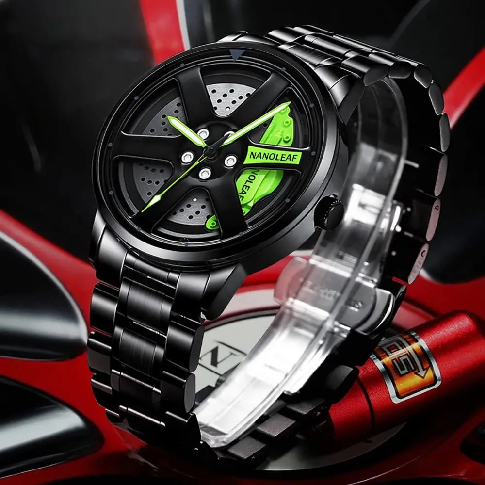 Movement Spinning Car Wheel Rim Hub Stainless Steel Luminous Pointer Waterproof peacetime consumer Sport Casual Wristwatch Watch for Men with Quartz 