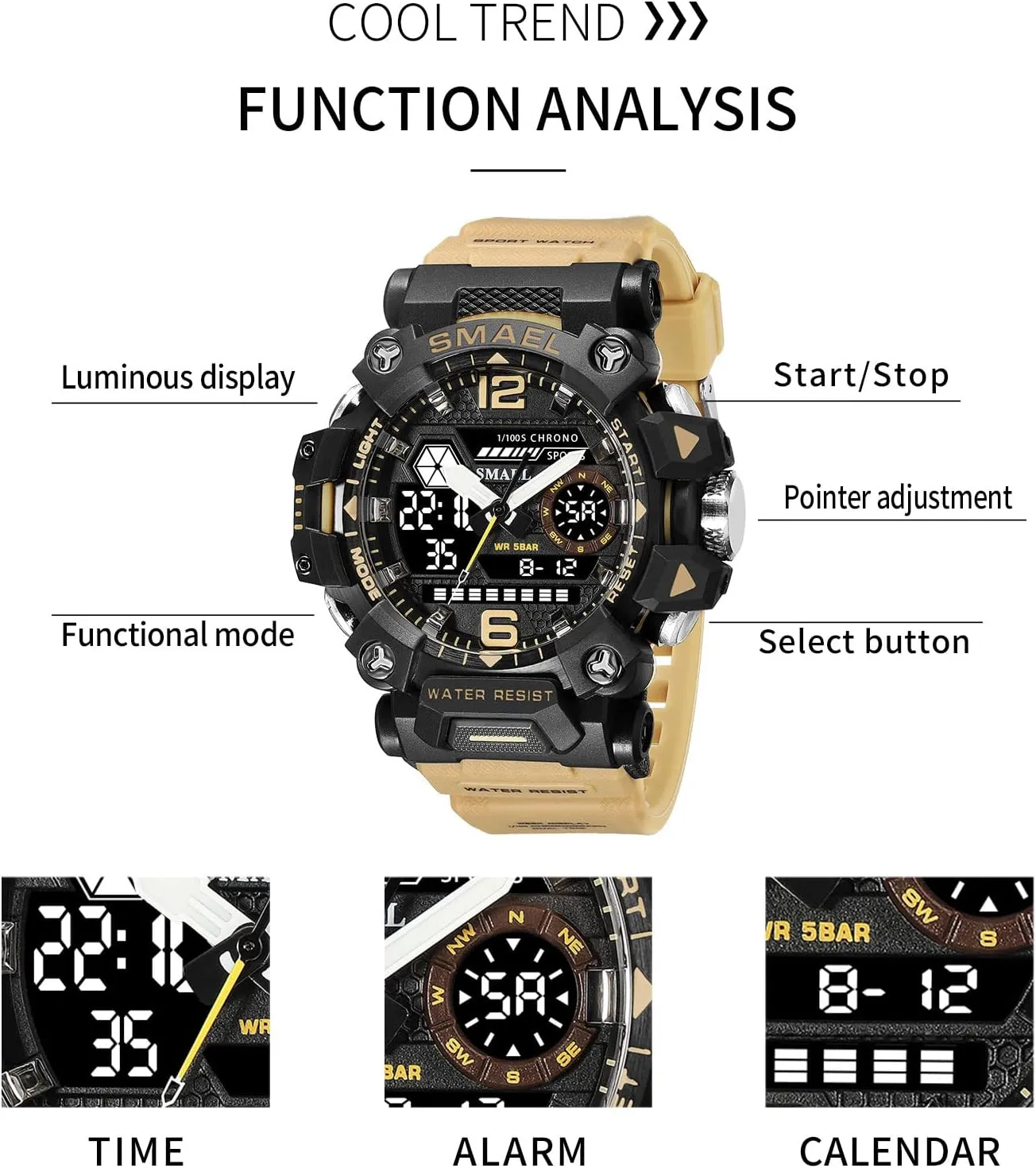 Multi-Function Tactics Big Face Wristwatch for Men AIMES Mens Watches Sports Outdoor Waterproof Military Watch for Men Tactical Watch Analog Digital Date Alarm intentionally Stopwatch 