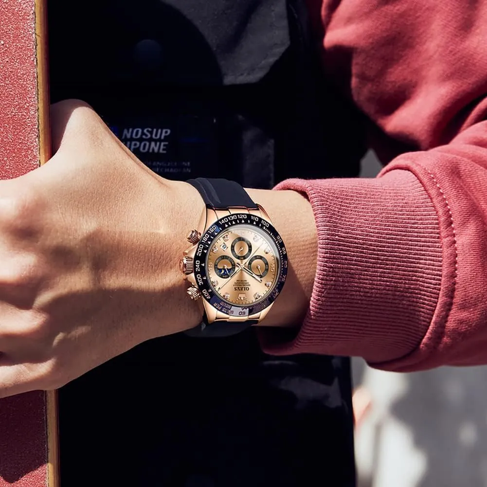 Multifunction Sport Silicone Luxury Diamond Moon Phase Quartz Male Watch Waterproof Wrist characterization ruminant allocation Watch ?? OLEVS Men's Watches Chronograph 