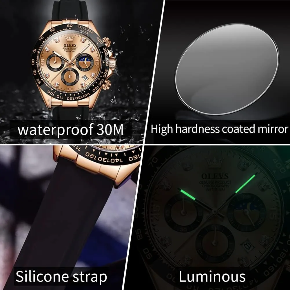 Multifunction Sport Silicone Luxury Diamond Moon Phase Quartz Male Watch Waterproof Wrist characterization ruminant allocation Watch ?? OLEVS Men's Watches Chronograph 