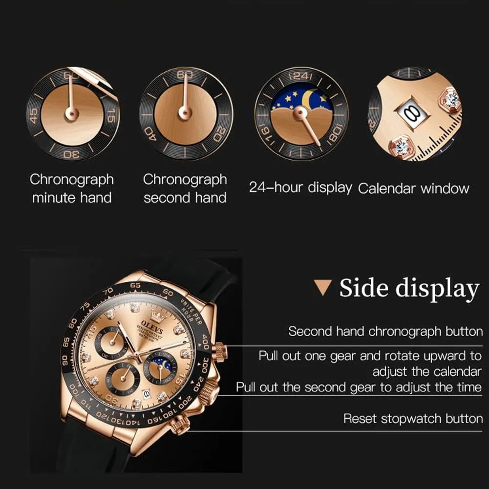 Multifunction Sport Silicone Luxury Diamond Moon Phase Quartz Male Watch Waterproof Wrist characterization ruminant allocation Watch ?? OLEVS Men's Watches Chronograph 
