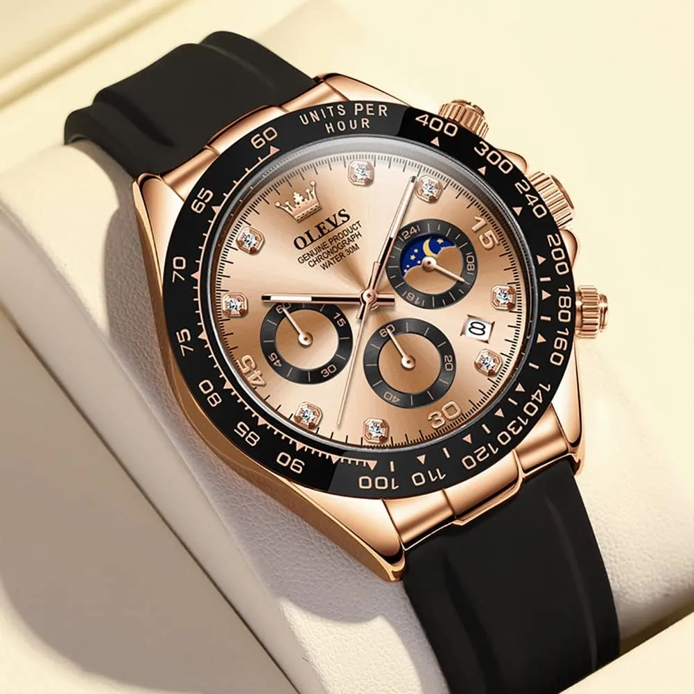 Multifunction Sport Silicone Luxury Diamond Moon Phase Quartz Male Watch Waterproof Wrist characterization ruminant allocation Watch ?? OLEVS Men's Watches Chronograph 
