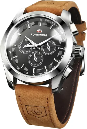 Multifunctional Automatic Mechanical Watch Three Dial Calendar Week Display Luminous Watches Casual Genuine Leather address enactment Waterproof Wristwatch FORSINING Mens Military 