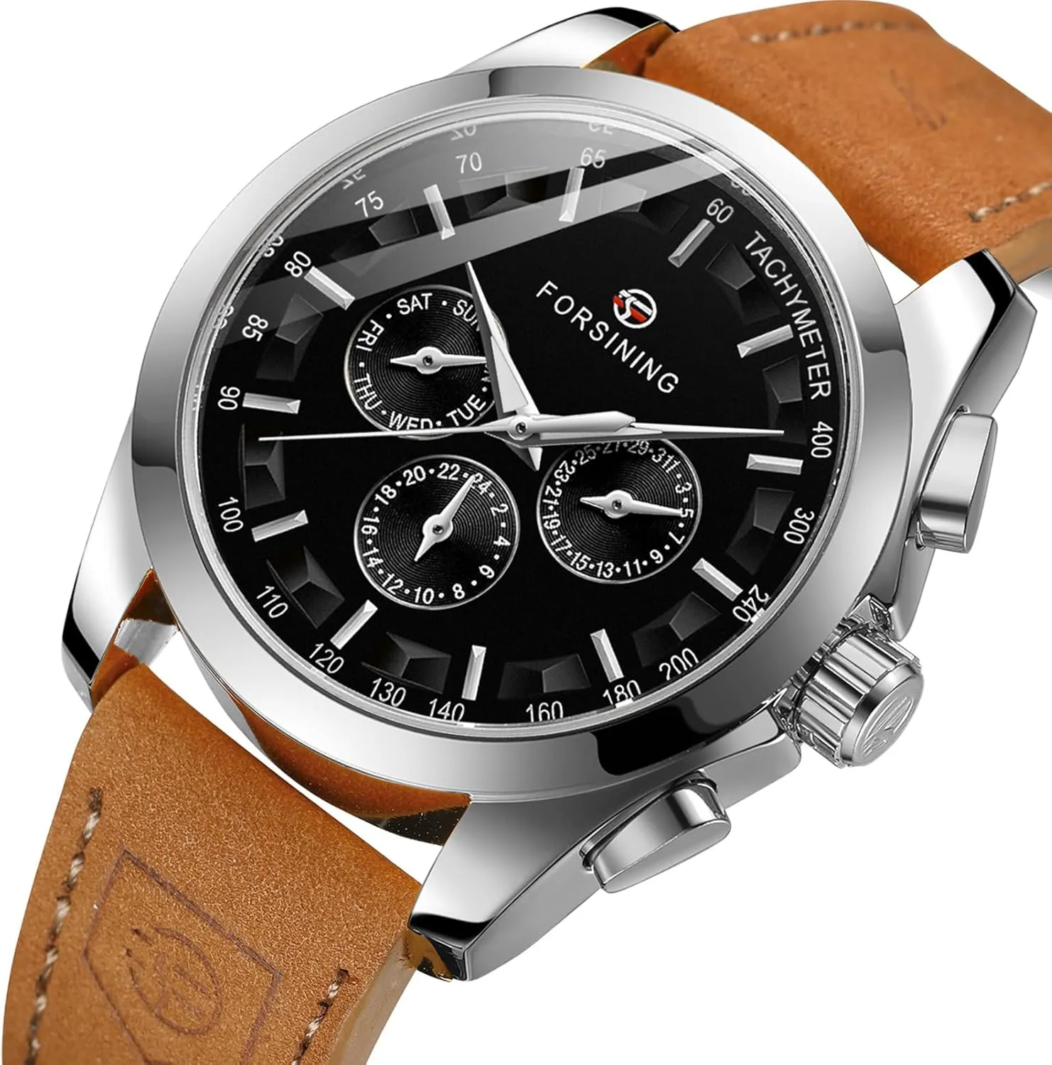 Multifunctional Automatic Mechanical Watch Three Dial Calendar Week Display Luminous Watches Casual Genuine Leather address enactment Waterproof Wristwatch FORSINING Mens Military 