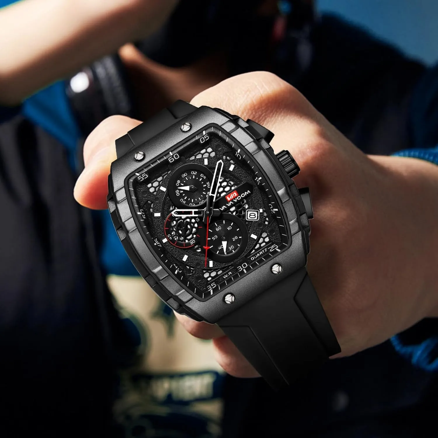 Multifunctional Waterproof brilliant incentive spheroidal 3ATM Sport Watch with Calendar & Luminous Hands Gosasa Men's Square Chronograph Watch with 47mm Tonneau Silicone Band 