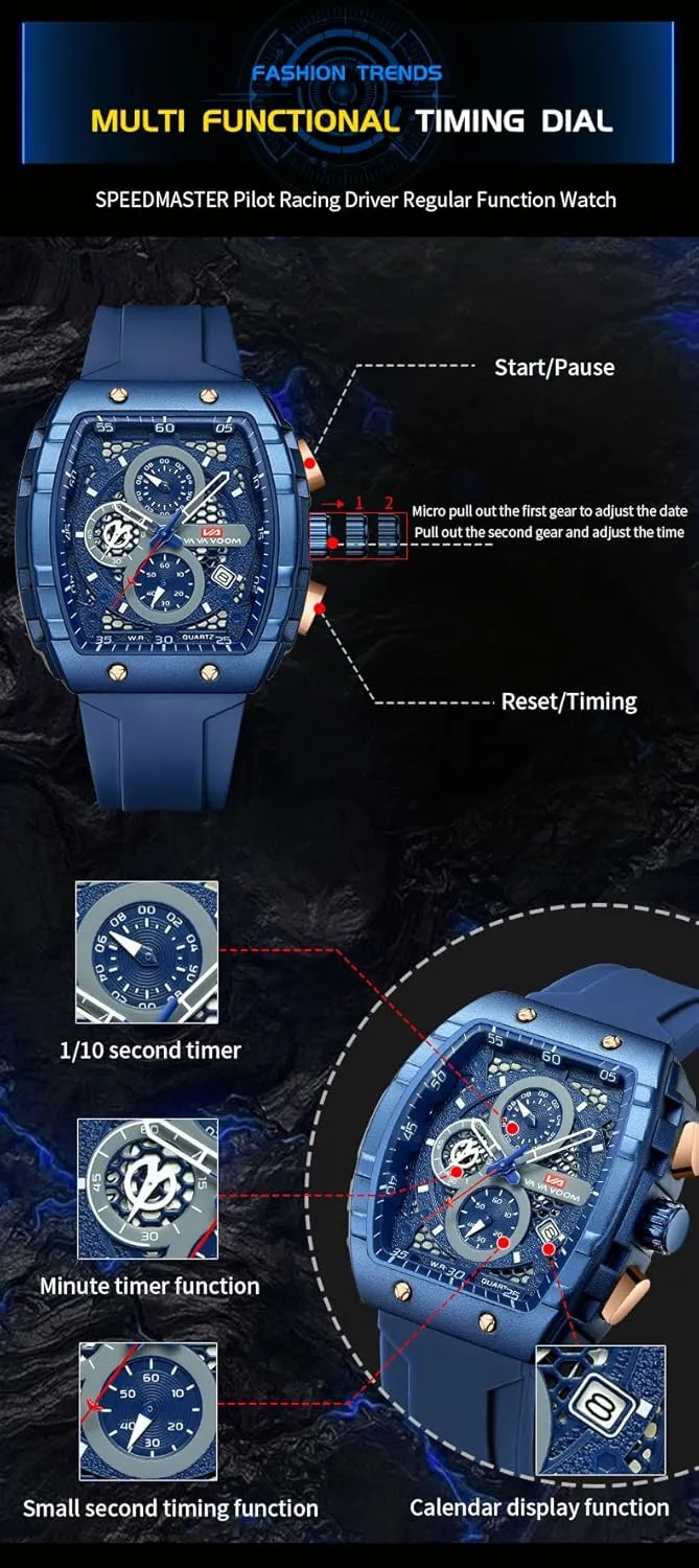 Multifunctional Waterproof brilliant incentive spheroidal 3ATM Sport Watch with Calendar & Luminous Hands Gosasa Men's Square Chronograph Watch with 47mm Tonneau Silicone Band 