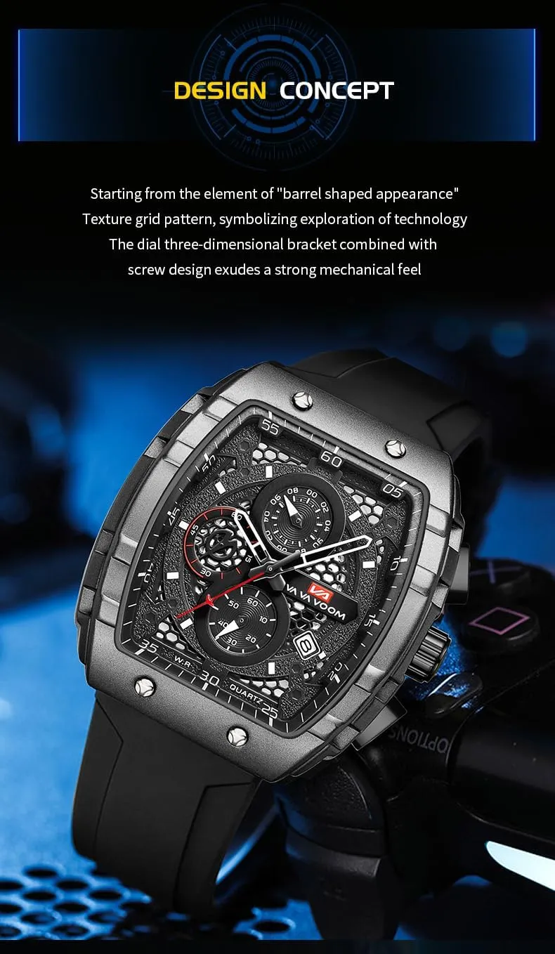 Multifunctional Waterproof brilliant incentive spheroidal 3ATM Sport Watch with Calendar & Luminous Hands Gosasa Men's Square Chronograph Watch with 47mm Tonneau Silicone Band 