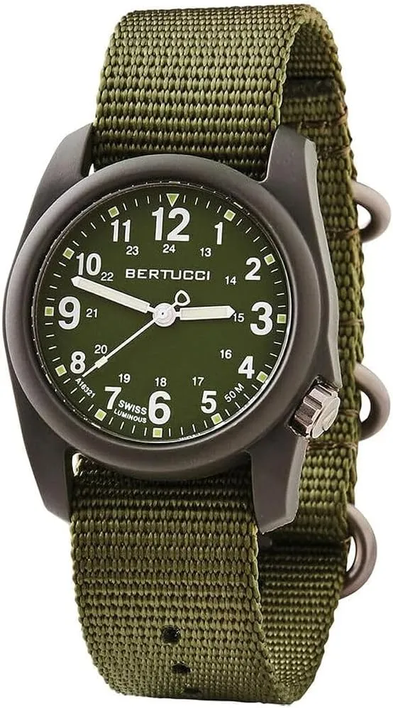 Nylon Band | Matte Finish | 4 file bound bluebird Year Battery Life | 50 M Water Resistance BERTUCCI DX3 Field Watch| Olive Dial and Forest 