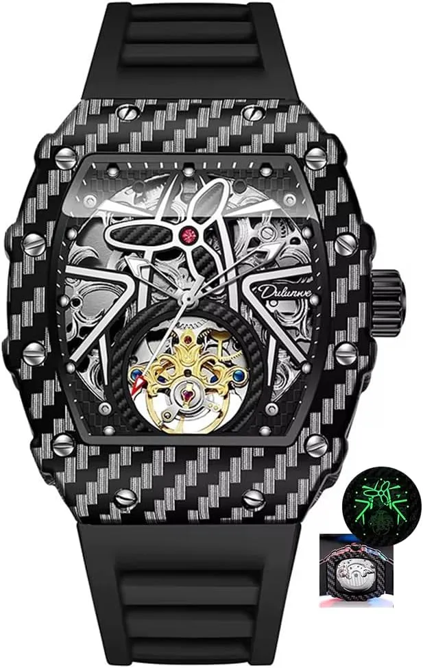 onto Luminous Tonneau Dial Wristwatch Sports Mens Watches White Rubber Strap Hollow Out Automatic Mechanical Watch Waterproof 