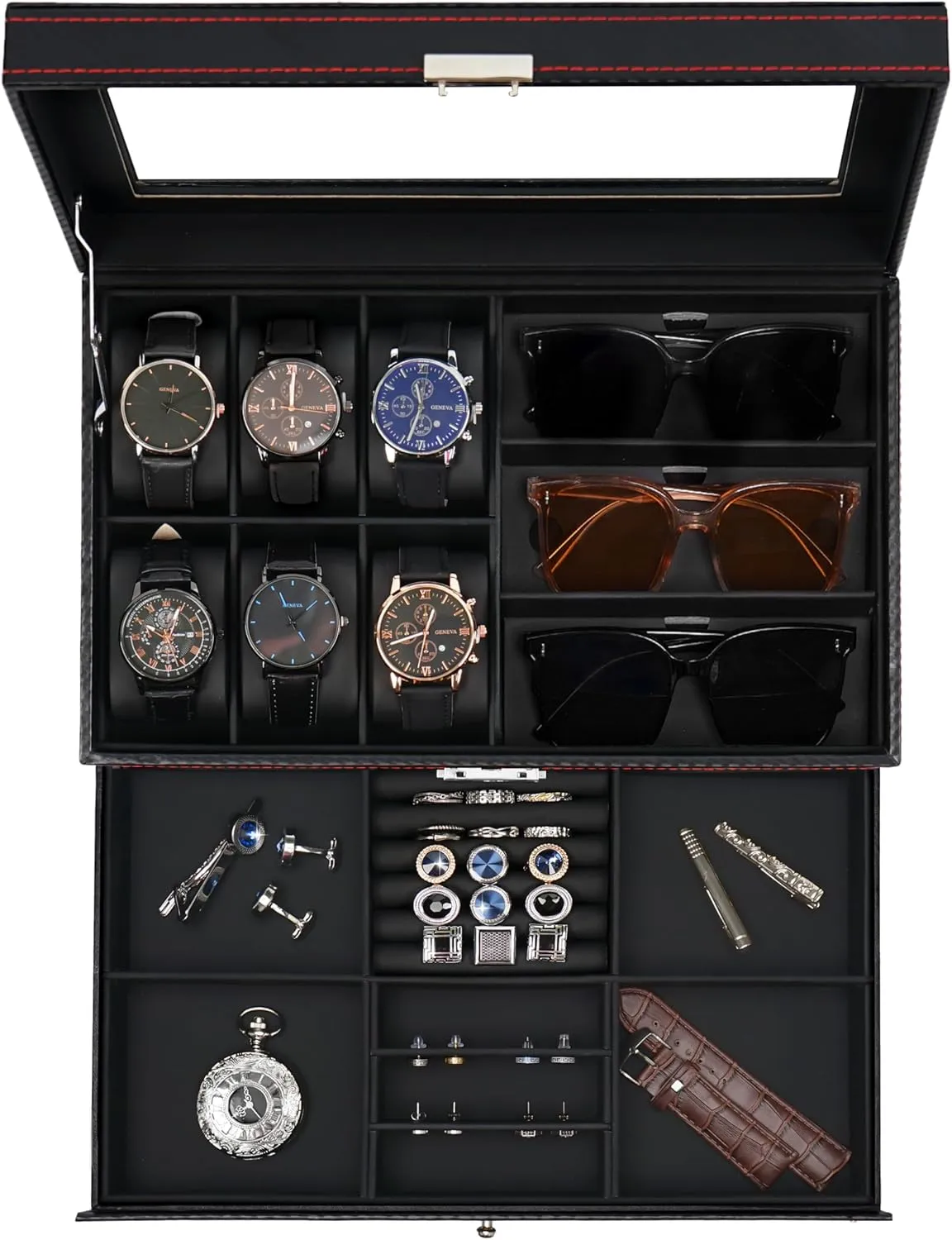 Organizer Watch Display Storage W/Drawer For Rings Bracelets, Gift for Men Women Jenseits Watch Box for Mens Jewelry Box, 6 convert Slot Watch Case & 3 Slot Sunglasses Organizer, Lockable PU Leather Jewelry 