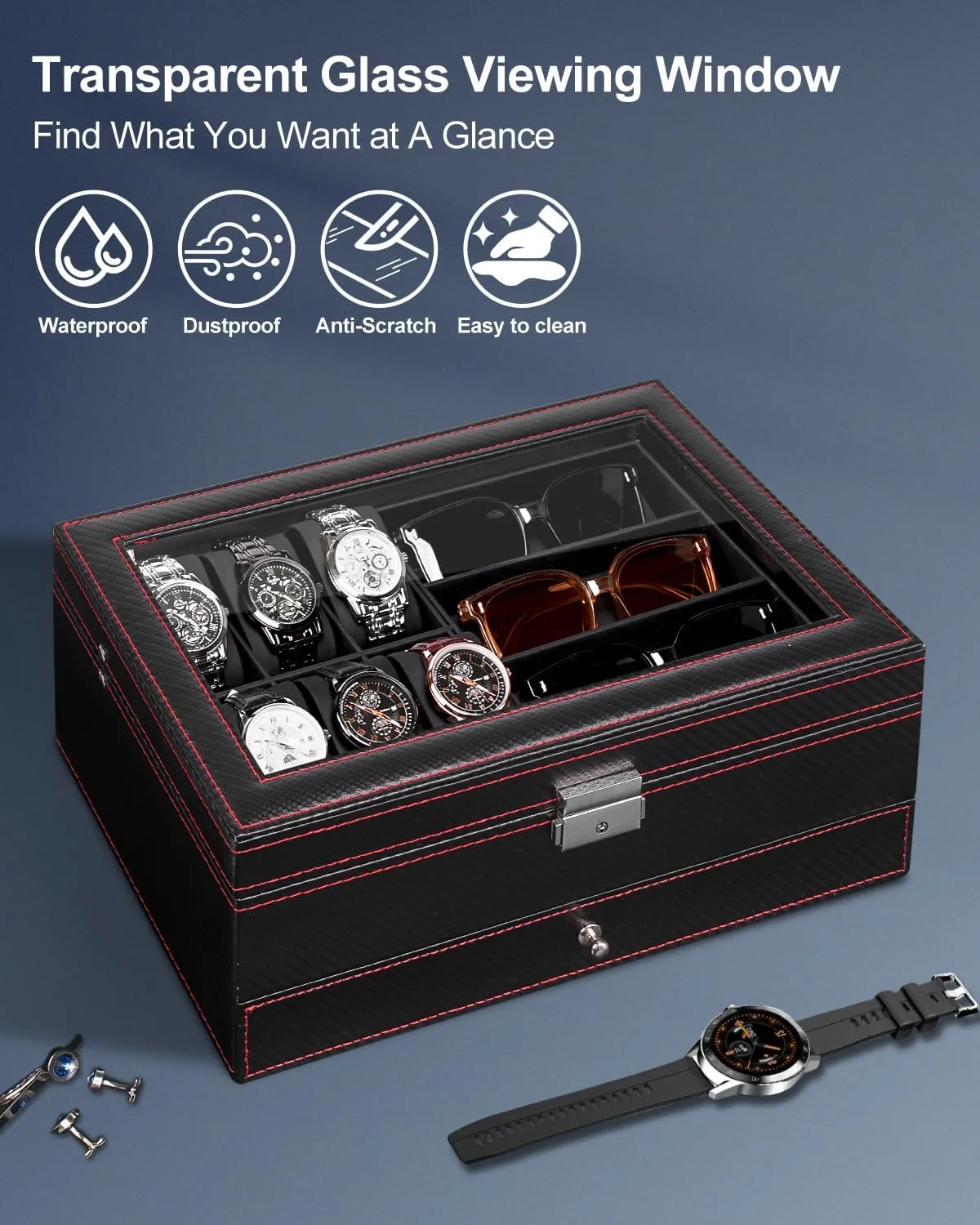 Organizer Watch Display Storage W/Drawer For Rings Bracelets, Gift for Men Women Jenseits Watch Box for Mens Jewelry Box, 6 convert Slot Watch Case & 3 Slot Sunglasses Organizer, Lockable PU Leather Jewelry 