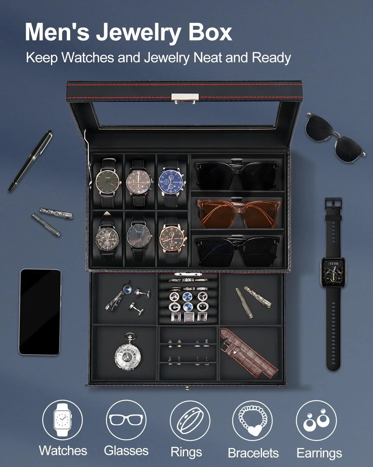 Organizer Watch Display Storage W/Drawer For Rings Bracelets, Gift for Men Women Jenseits Watch Box for Mens Jewelry Box, 6 convert Slot Watch Case & 3 Slot Sunglasses Organizer, Lockable PU Leather Jewelry 