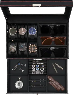 Organizer Watch Display Storage W/Drawer For Rings Bracelets, Gift for Men Women Jenseits Watch Box for Mens Jewelry Box, 6 convert Slot Watch Case & 3 Slot Sunglasses Organizer, Lockable PU Leather Jewelry 