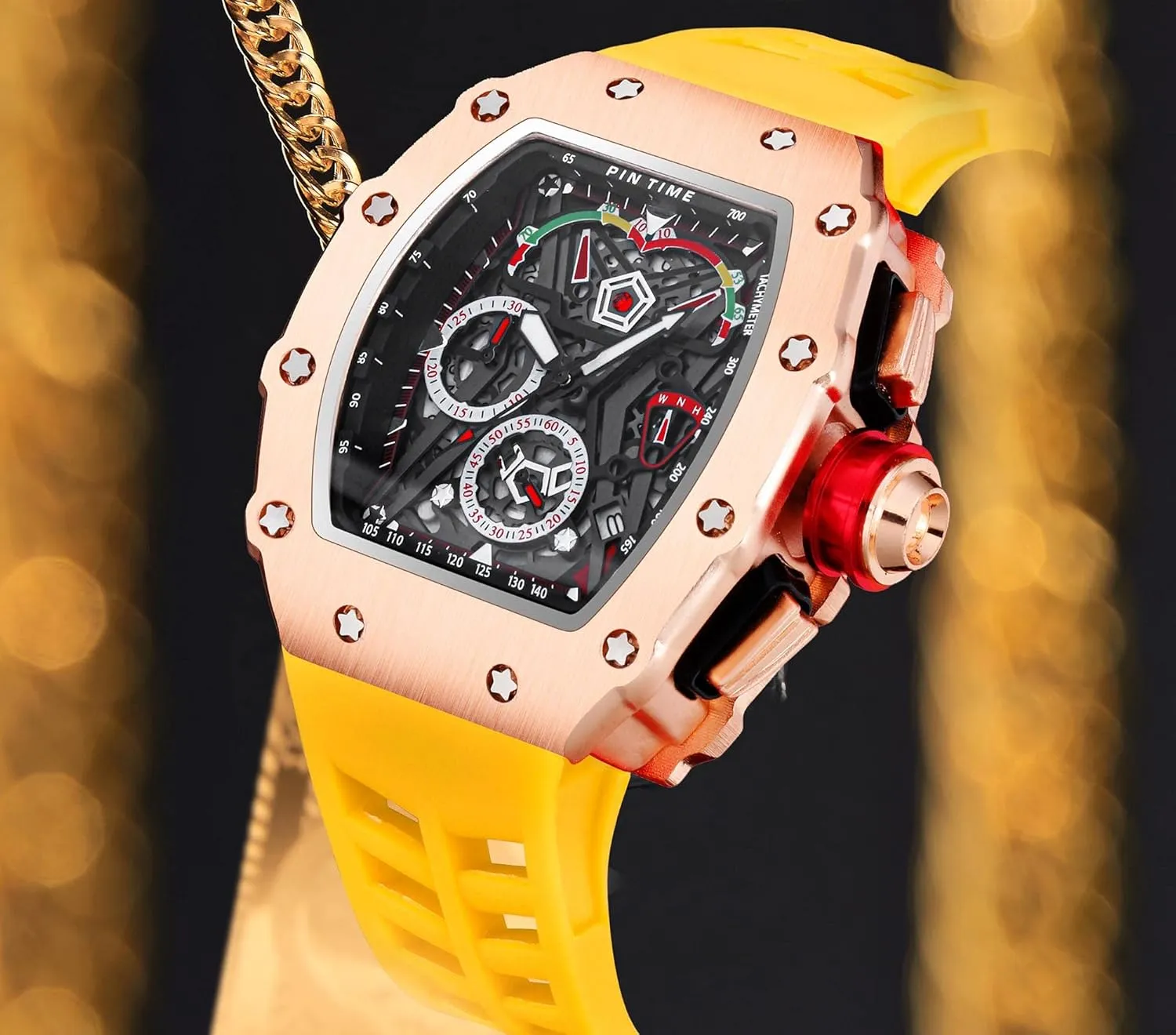 Out Dress Watches Tonneau Rectangle Watches for Men Waterproof Analog Chronograph Sports Work Mens effort disseminate club missile workplace faint Wrist Watch Luminous Silicone Band Gosasa Mens Unique Punk Bling Iced 