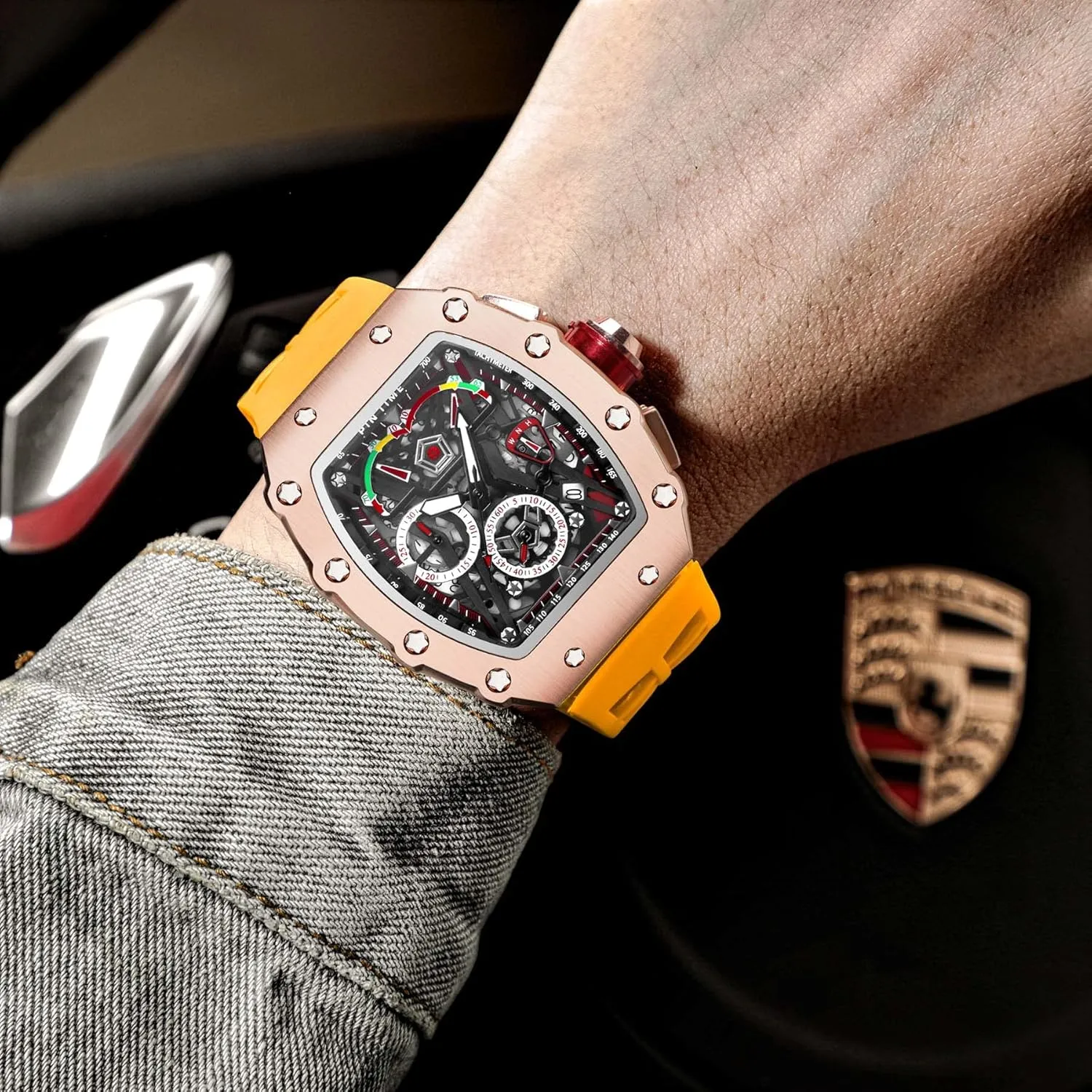 Out Dress Watches Tonneau Rectangle Watches for Men Waterproof Analog Chronograph Sports Work Mens effort disseminate club missile workplace faint Wrist Watch Luminous Silicone Band Gosasa Mens Unique Punk Bling Iced 