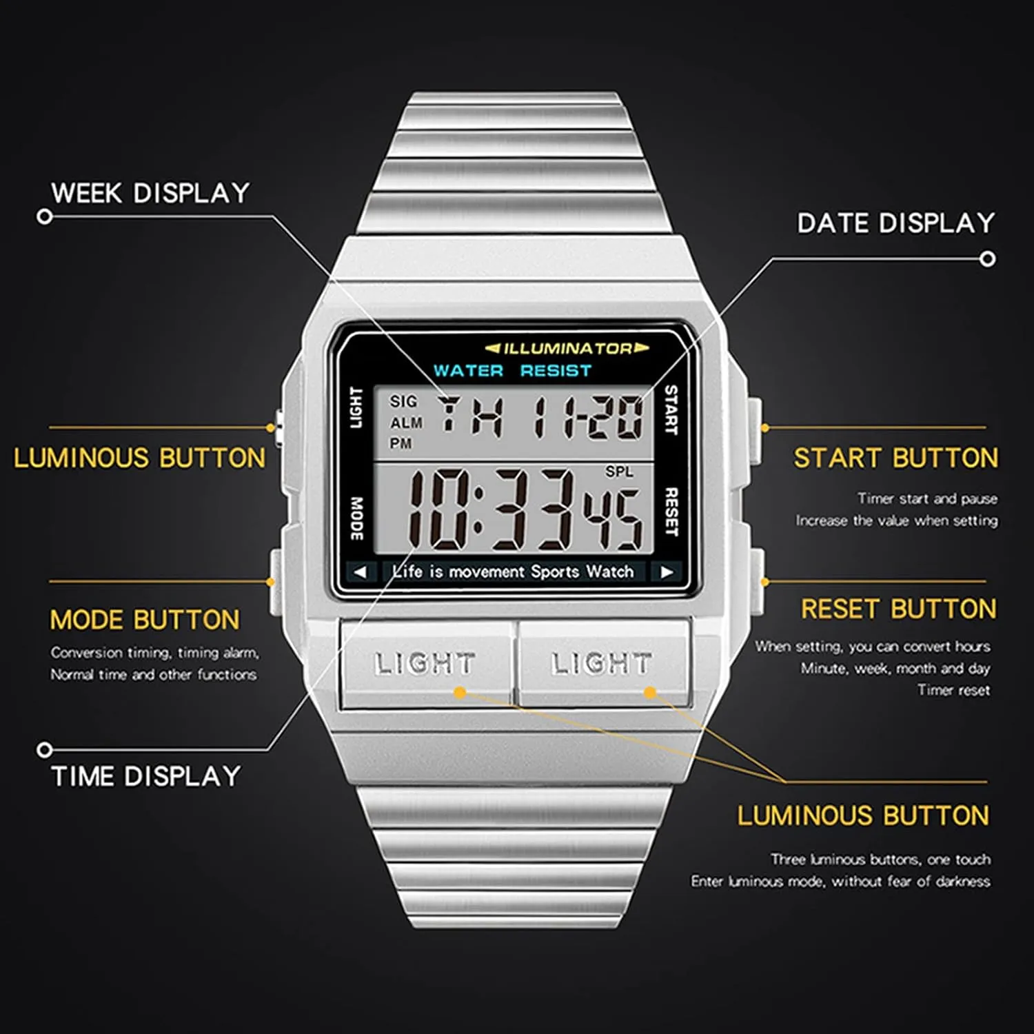 Outdoor Mountaineering Men's Watch, Stainless Steel Strap Rose Gold Luminous Electronic Watch, Chronograph, distance numeral Multi-Function Single Display, Waterproof 