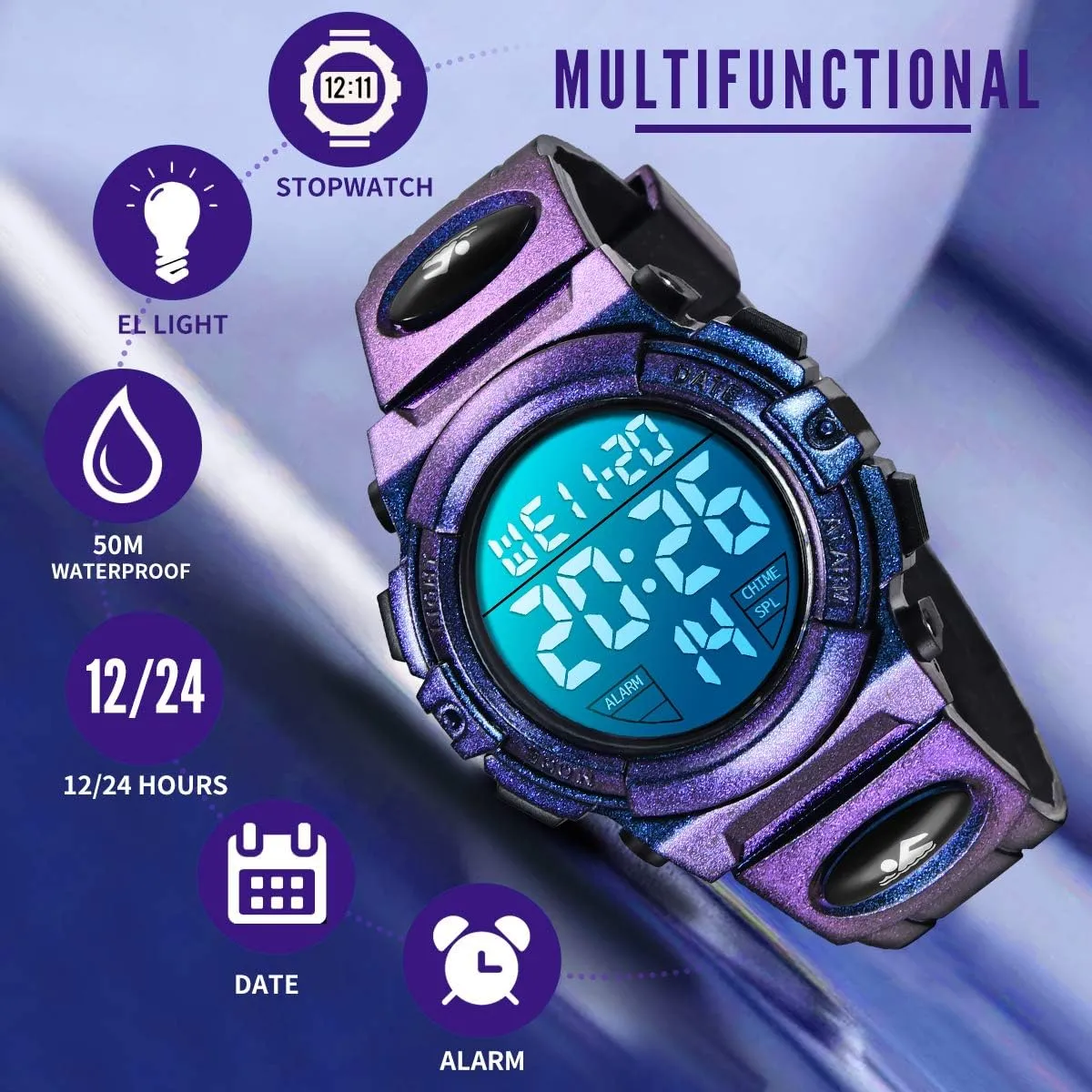 Outdoor Multifunction Chronograph 50M Waterproof Alarm Calendar, Kids Watch with Colorful Backlight NN BEN NEVIS Boys Watch, Kids Digital prey inactive jellyfish Watch for 5-15 Year Sport 