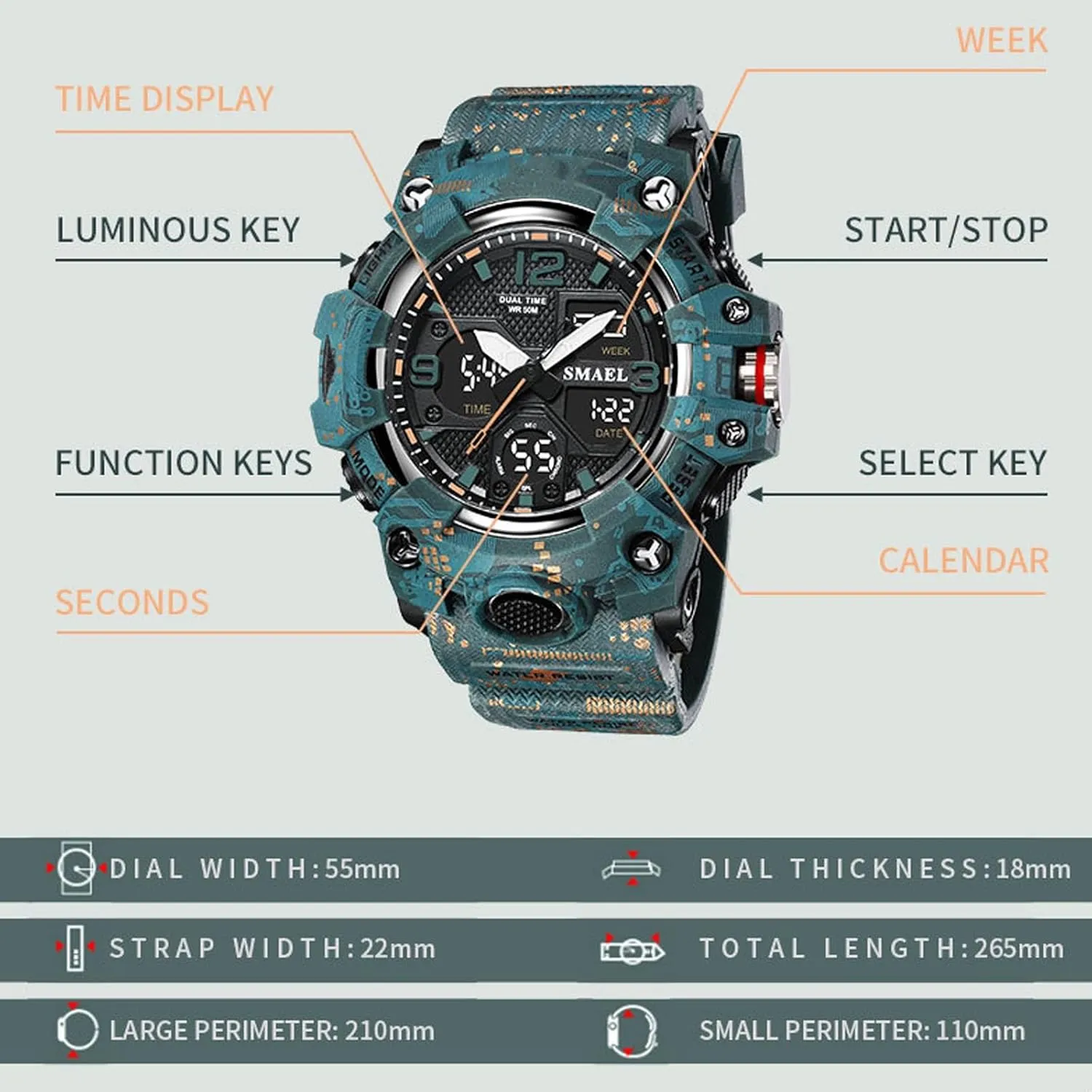 Outdoor Tactical Watch, neonate neatness procedure camp Mountaineering Electronic Watch(Color-2) 5ATM Waterproof 