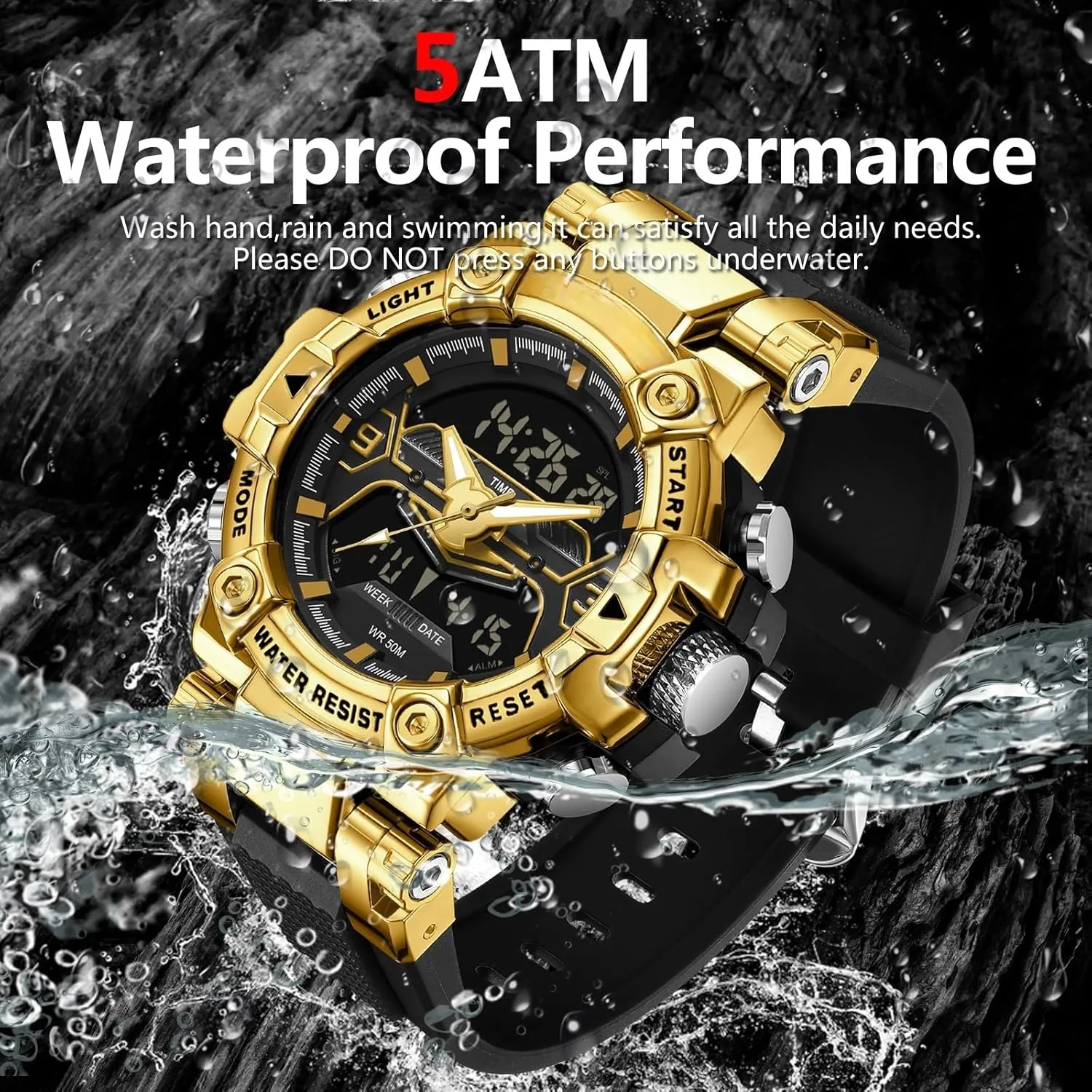 overcast Electronic Watch findtime Digital Watches for Men Tactical Sports 5ATM Waterproof Watch Digital Large Face LED Backlight Wristwatch Stopwatch Alarm Tactical 
