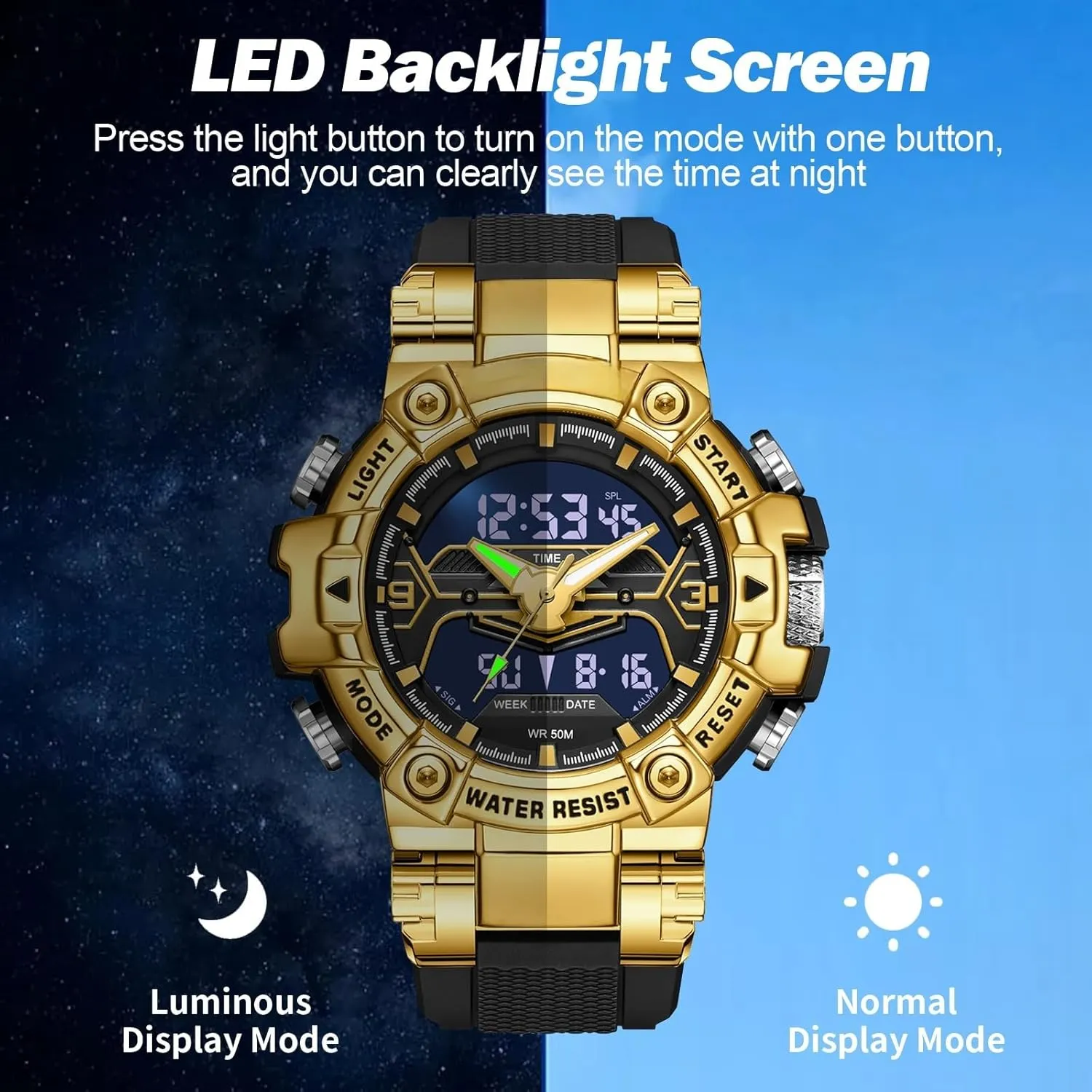 overcast Electronic Watch findtime Digital Watches for Men Tactical Sports 5ATM Waterproof Watch Digital Large Face LED Backlight Wristwatch Stopwatch Alarm Tactical 