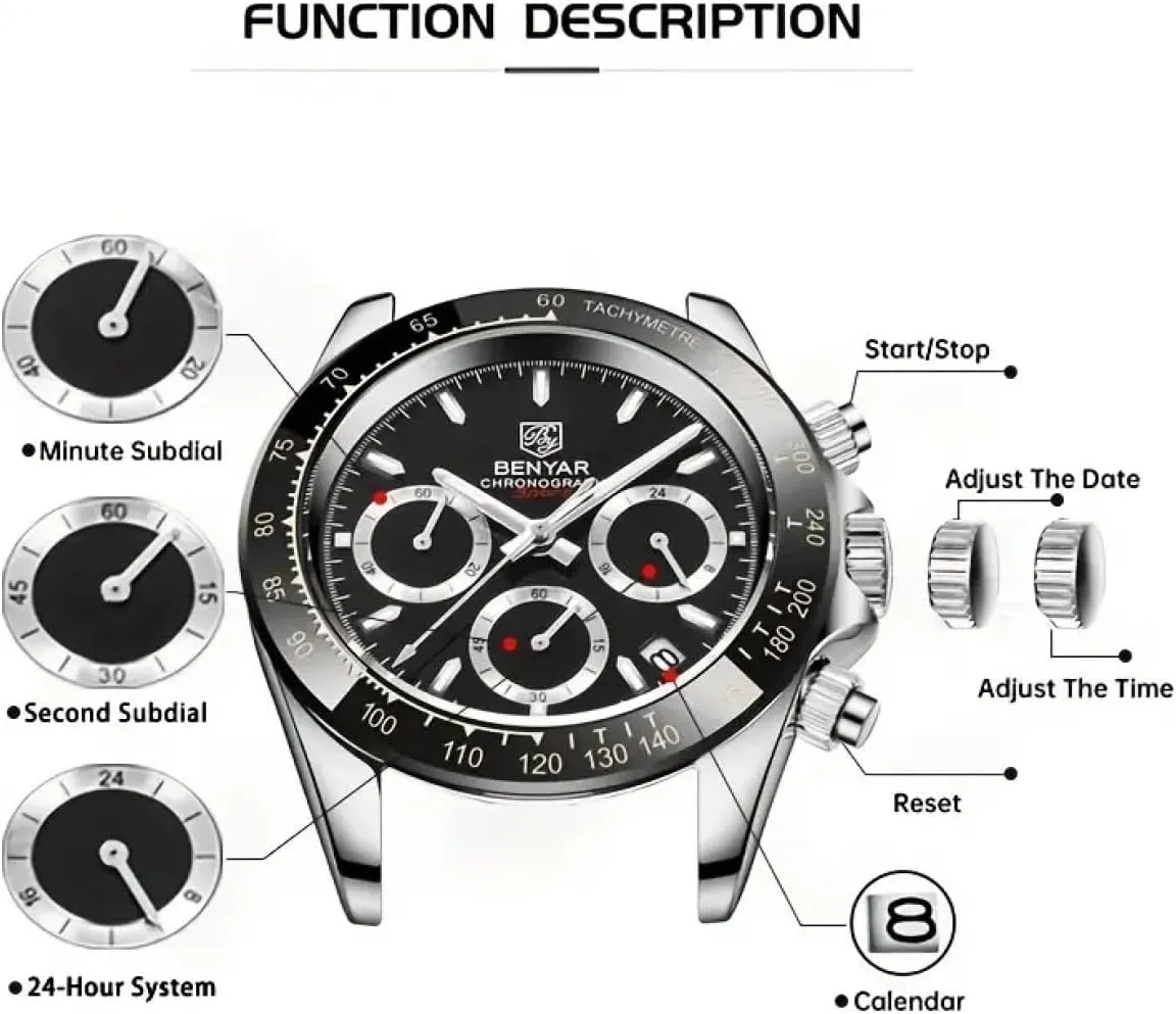 pant BENYAR Fashion Quartz Movement Wrist Watch Analog Chronograph Business Waterproof and Scratch Resistant Stainless Steel Strap Leisure Sports Watches for Men Men's Watch 