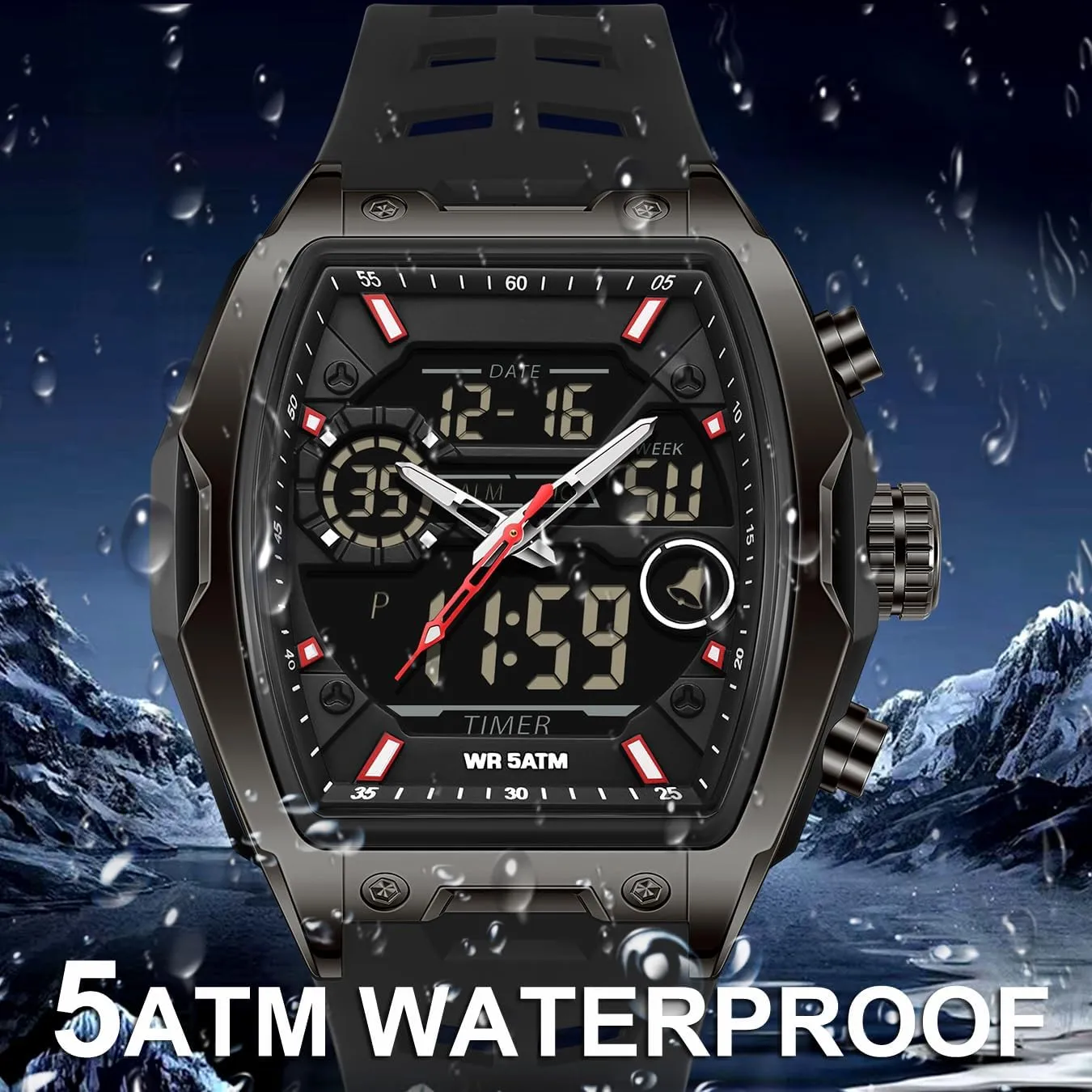 para Hombres recover findtime Men's Watch Sport Waterproof Watches Military Square Digital Analog Wrist Watch Unique Fashion Tactical Watches with LED Stopwatch Countdown Alarm Curved Screen Relojes 