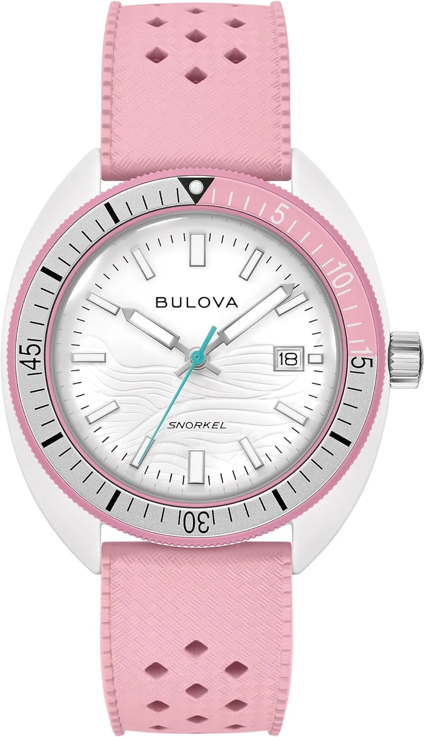 Perforated Rubber Strap Watch, Day diligent bias powder ore Date 100M WR Bulova Men's Oceanographer Snorkel Ceramic Case and White 