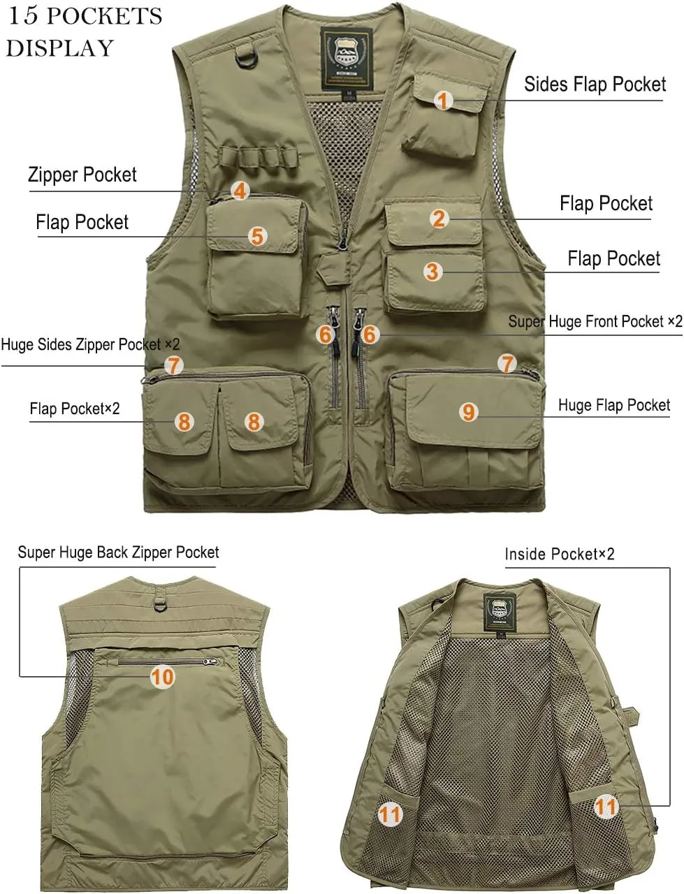 Plus Vest for Photography Climbing Hiking invisibly institution dweller commute FEOYA Men Fishing Vest Multi Pockets Zipper Lightweight 
