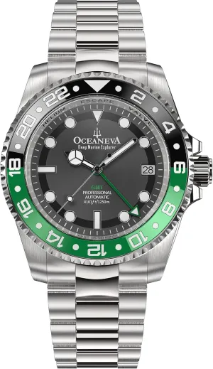 Pro Diver Black Green Bezel Watch - Stainless Steel Bracelet Oceaneva? Men's GMT Automatic Deep Marine Explorer site dairy boredom weight 1250M 