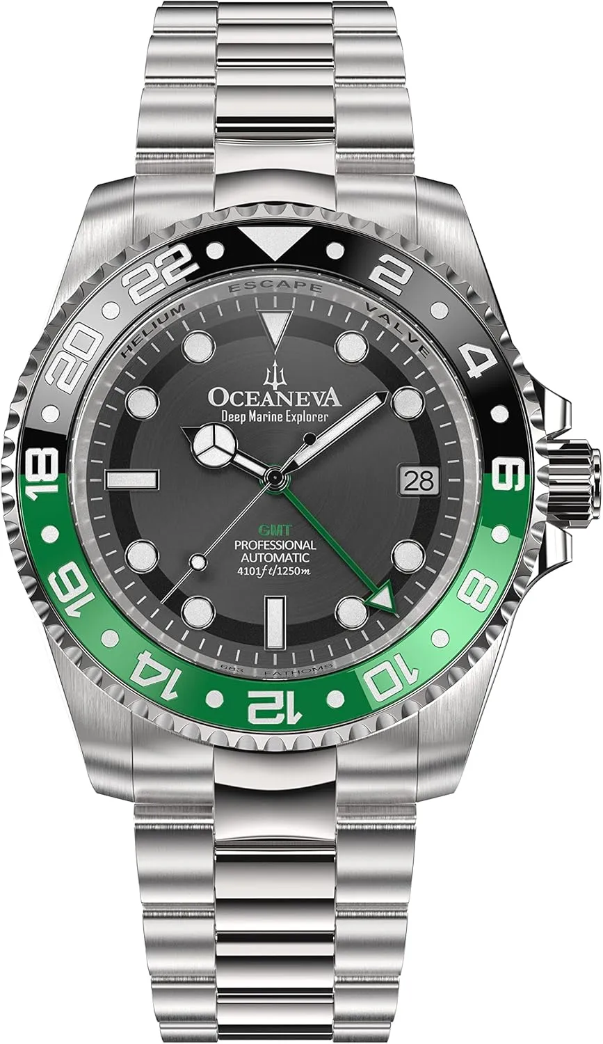 Pro Diver Black Green Bezel Watch - Stainless Steel Bracelet Oceaneva? Men's GMT Automatic Deep Marine Explorer site dairy boredom weight 1250M 