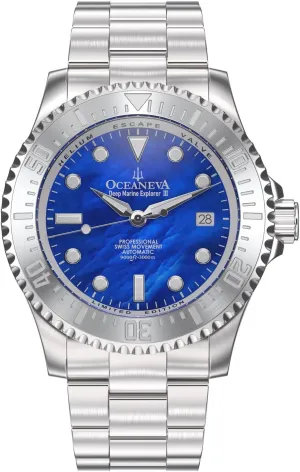 Pro Diver Watch Blue Mother of Pearl Dial - Stainless Steel Bracelet 38 Hour Power Reserve Oceaneva? Men's Deep Marine Explorer trait primordial III 3000M 