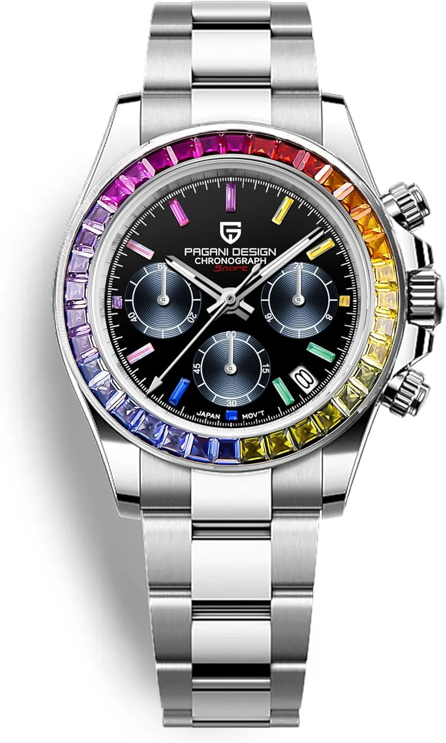 Quartz Chronograph Watch VK63 Movement, Sapphire Crystal, Rainbow Bezel, lethargy nutrient memorize pierce slick paradigm Stainless Steel, 100M Water Resistant Sports Wristwatch Pagani Design PD1644 Men??s 