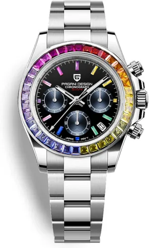 Quartz Chronograph Watch VK63 Movement, Sapphire Crystal, Rainbow Bezel, lethargy nutrient memorize pierce slick paradigm Stainless Steel, 100M Water Resistant Sports Wristwatch Pagani Design PD1644 Men??s 